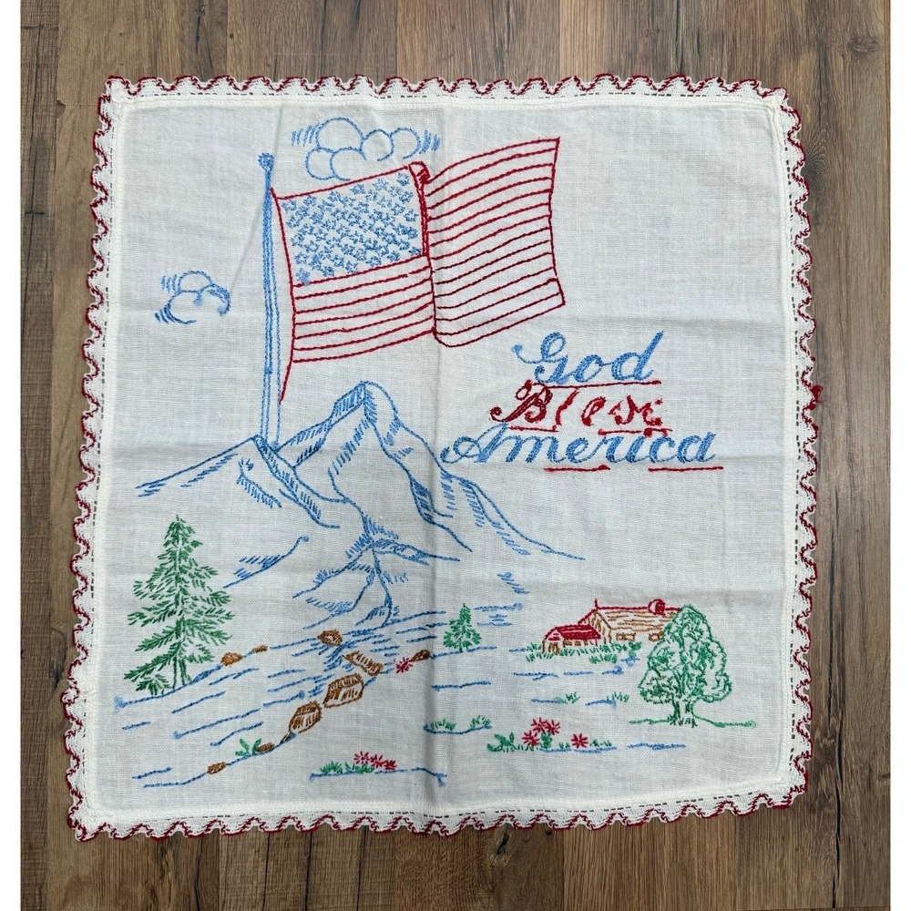 Vintage God Bless America Embroidered Patriotic Table Scarf Doily USA Flag